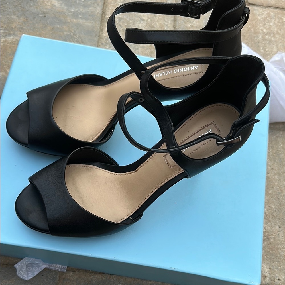 Antonio Melani Black Leather Women's Heels Sandals Sz 8